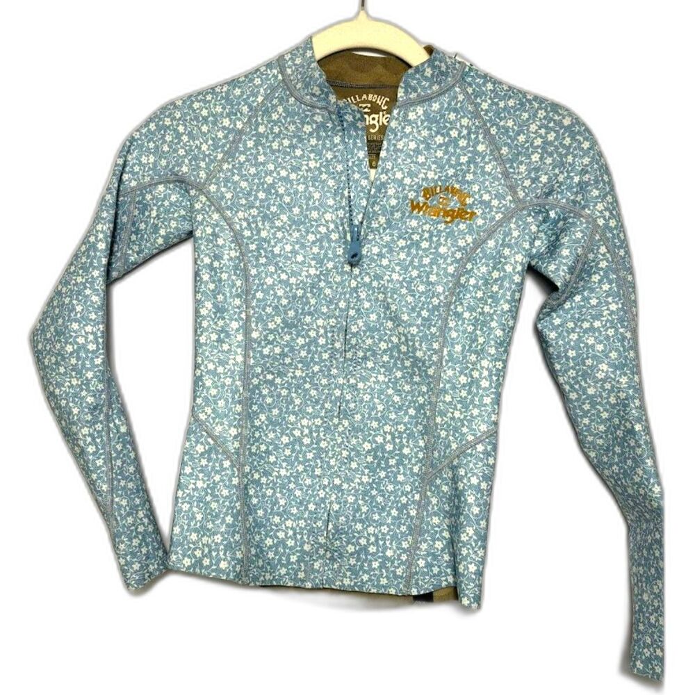 Billabong Rash Guard Women's Size 2 Blue White Wrangler Collab Swim Surf Beach